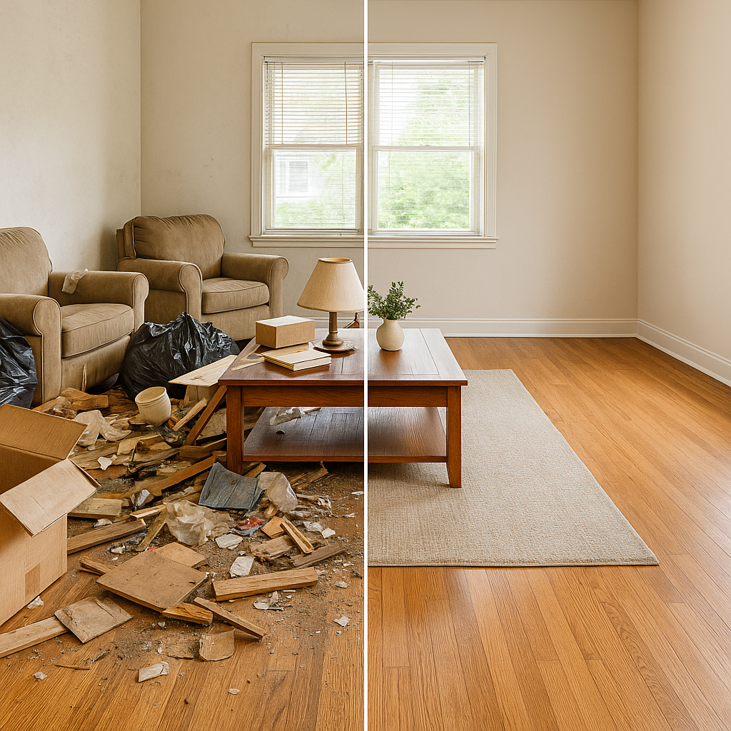 Before and after junk removal from a home interior