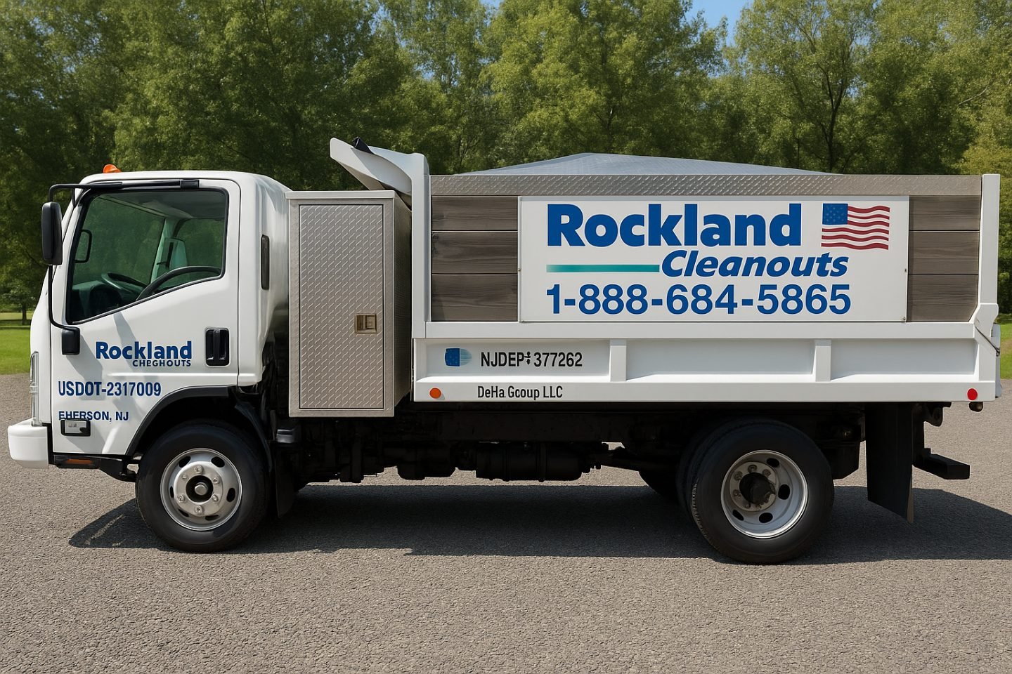 Side view of a white Rockland Cleanouts dump truck parked on a paved road with green trees behind it.